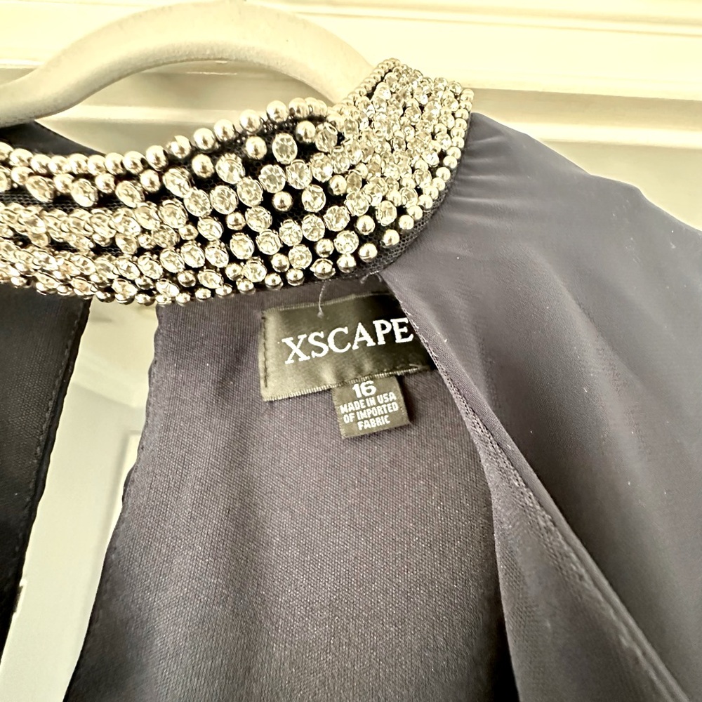 Xscape Women's Short Navy Dress Chiffon Overlay and Bead Choker Neck Size 16 EUC - Picture 9 of 10